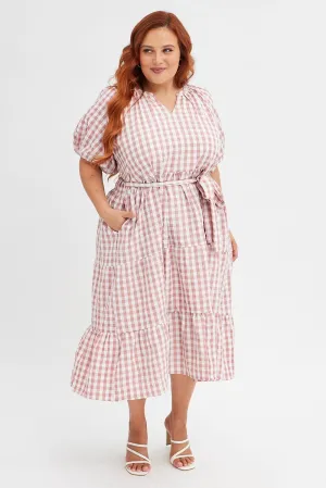 Polished Wardrobe Pink Check Midi Dress Gingham Tie Waist Collared