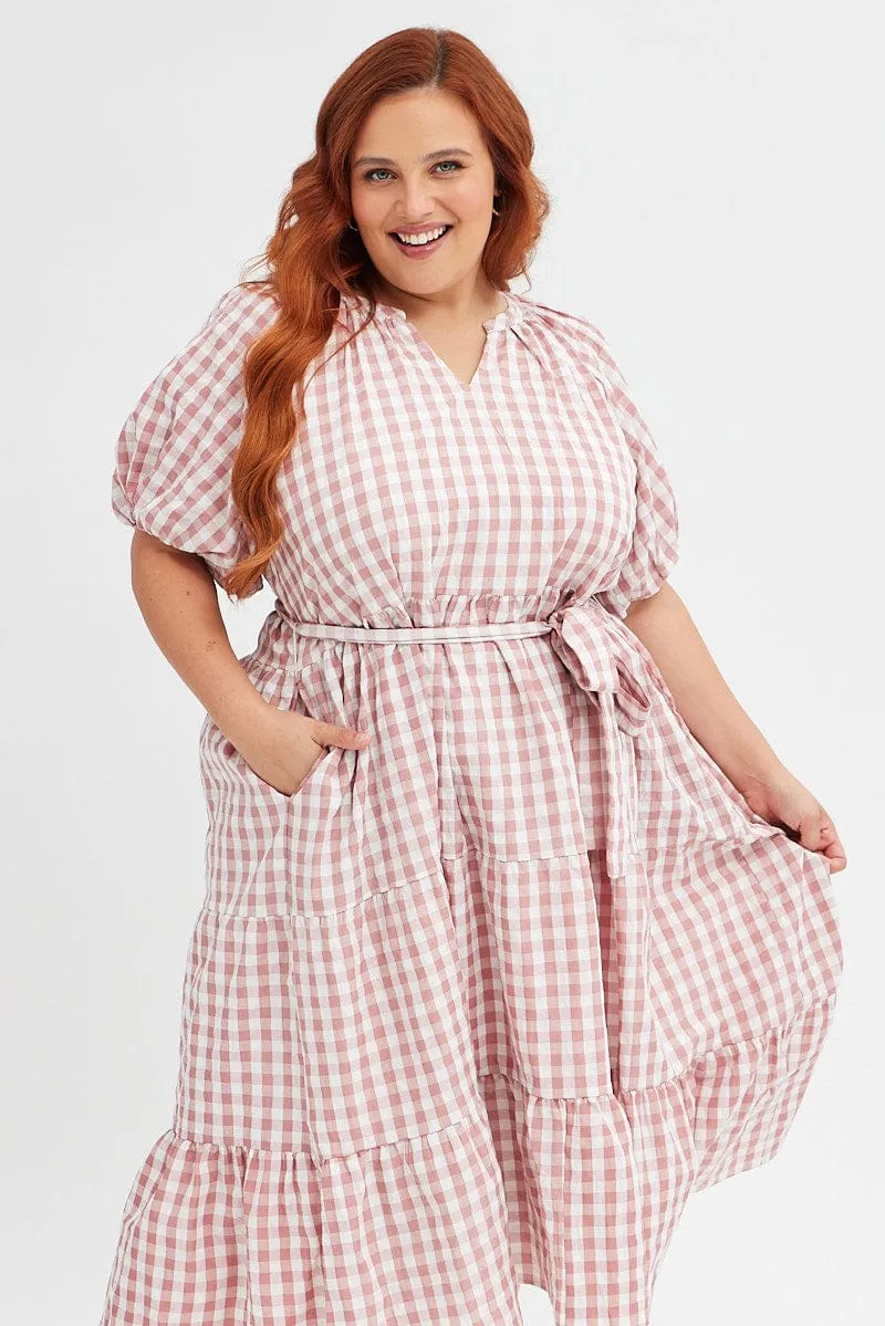 Pink Check Midi Dress Gingham Tie Waist Collared Ball Night European Charm