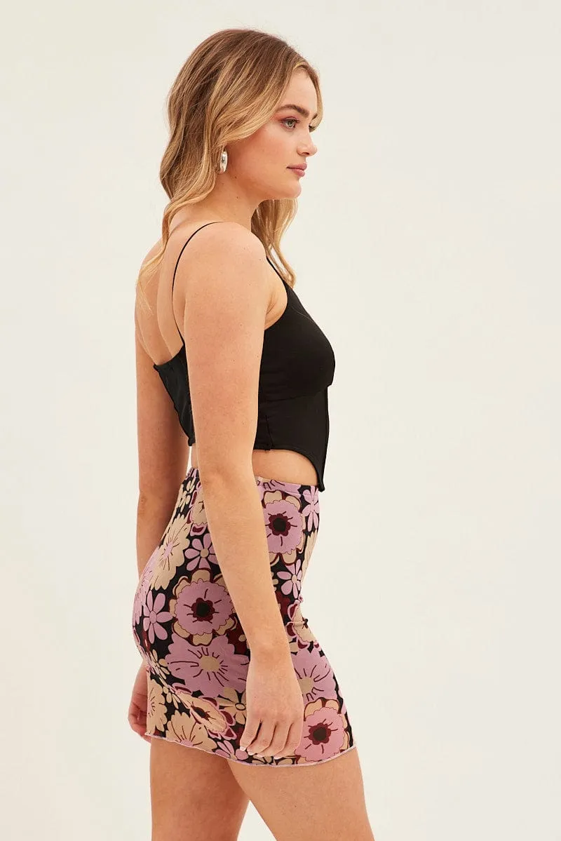 Machine wash safe Tiered Layers Black Floral Mini Skirt Mesh