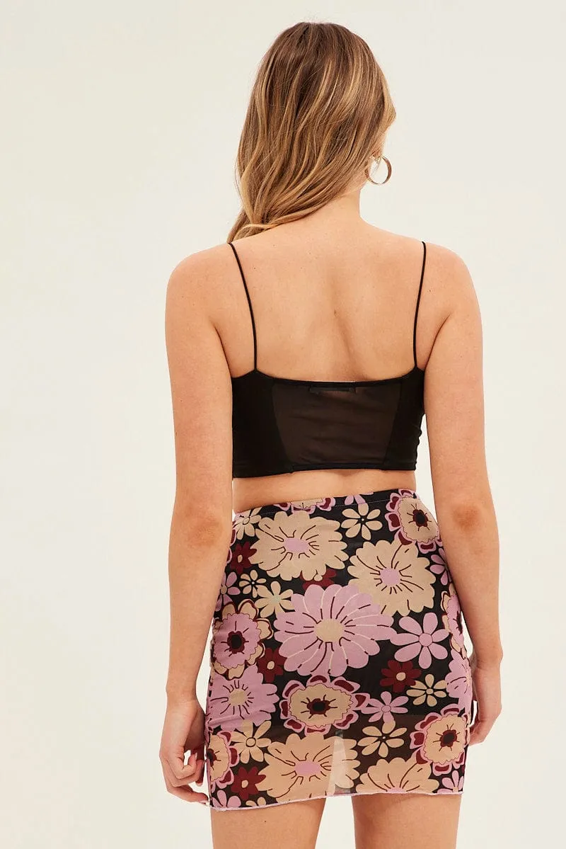 Easy Fashion Front Slit Black Floral Mini Skirt Mesh