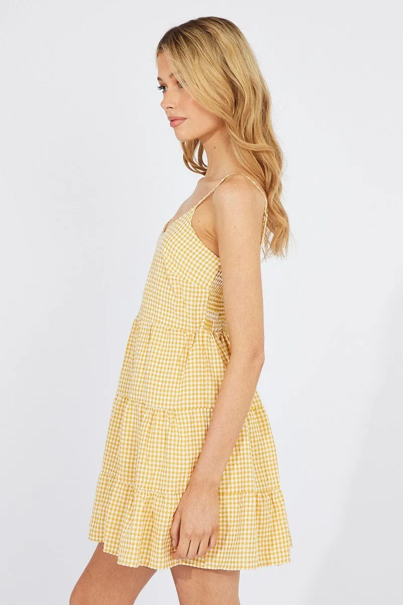 Beige Check Fit and Flare Dress Sleeveless Tiered AntiBacterialTextile MoistureWicking