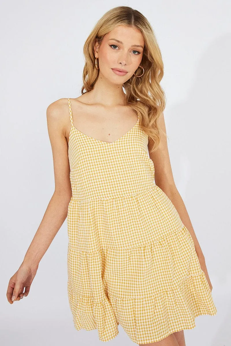 Flexible Hemline Creative Glow Beige Check Fit and Flare Dress Sleeveless Tiered