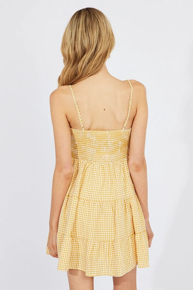 WrinkleResistantFabric Antibacterial lining Beige Check Fit and Flare Dress Sleeveless Tiered