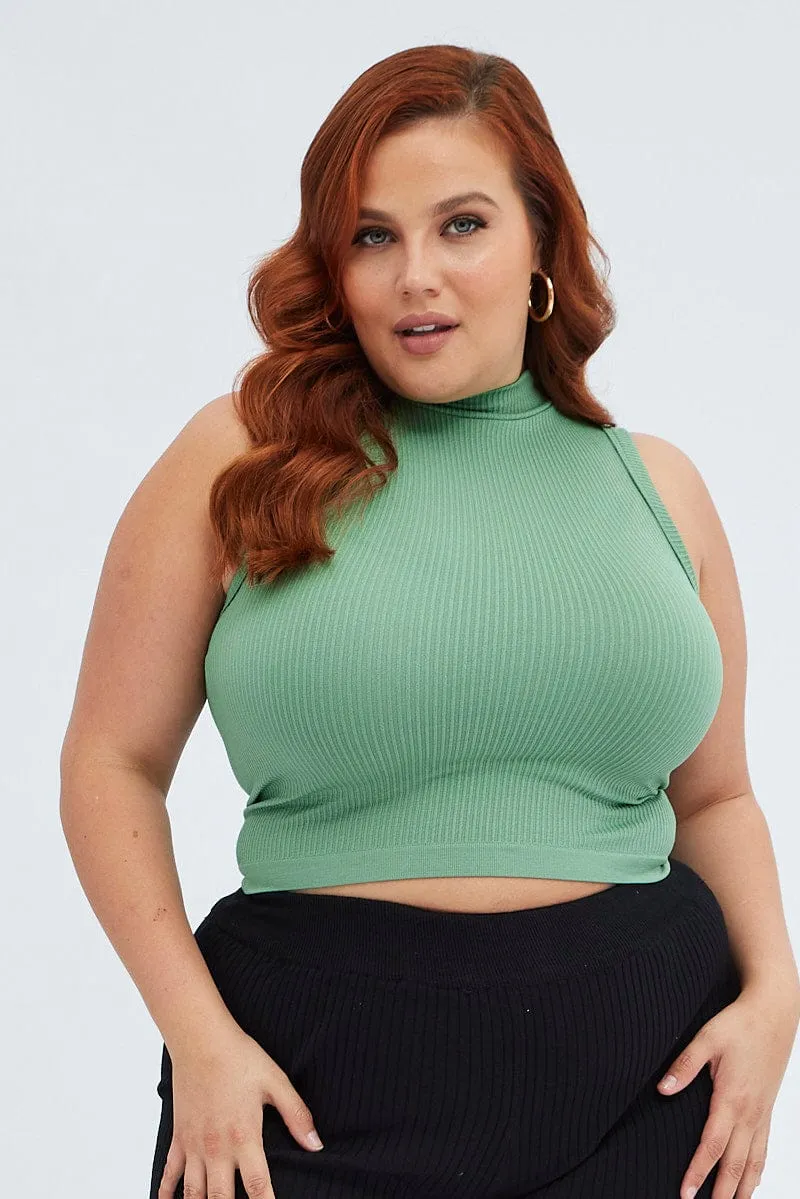 Green Tank Top High Neck Seamless Lightweight Material