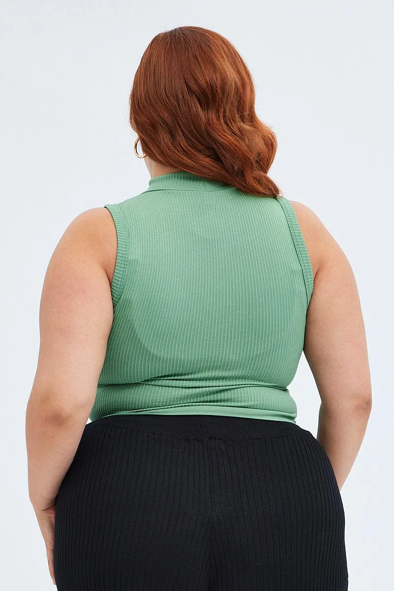 Green Tank Top High Neck Seamless Light Layer