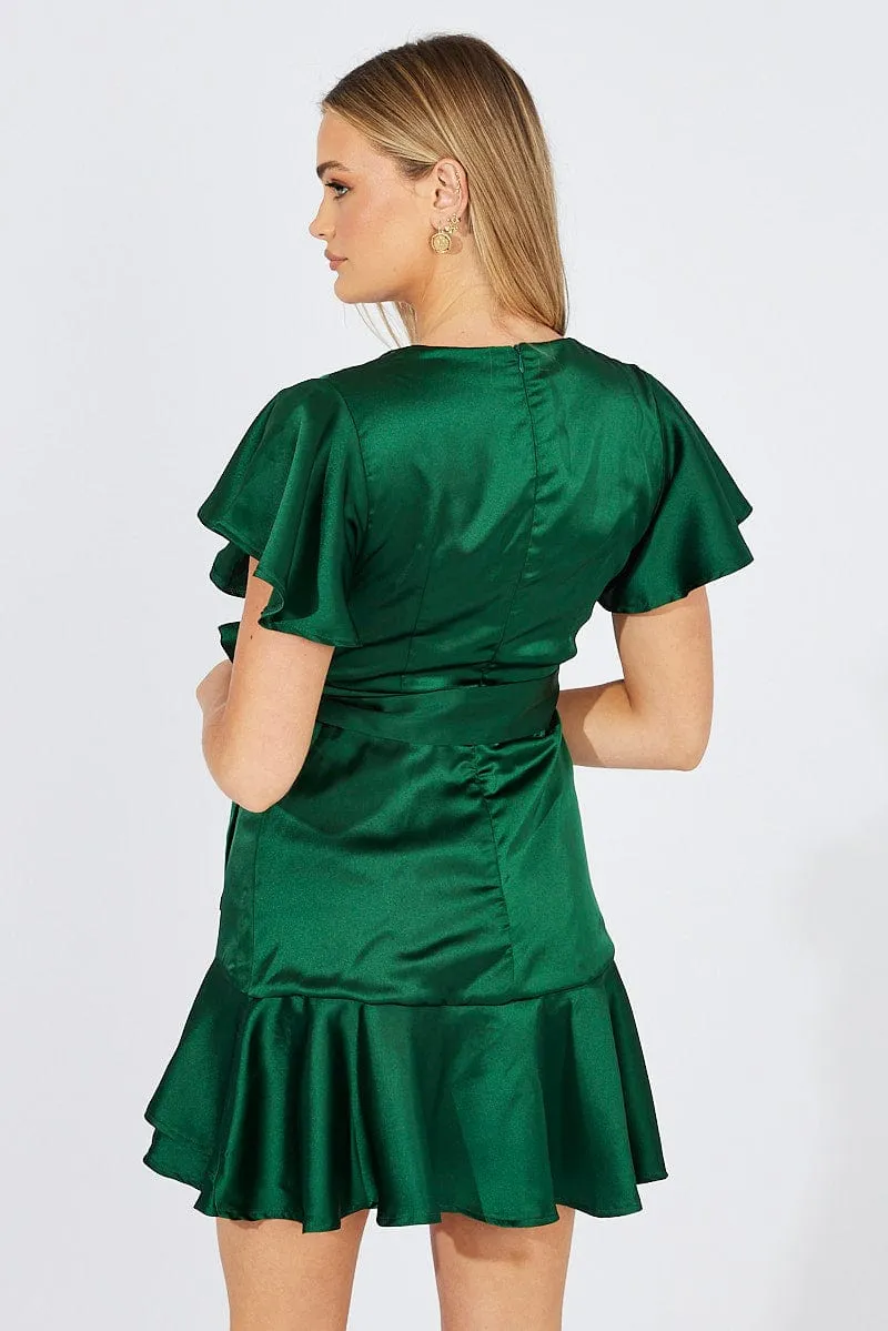 Fast Life Trendy Vibe Green Mini Dress Ruffled Hem Satin