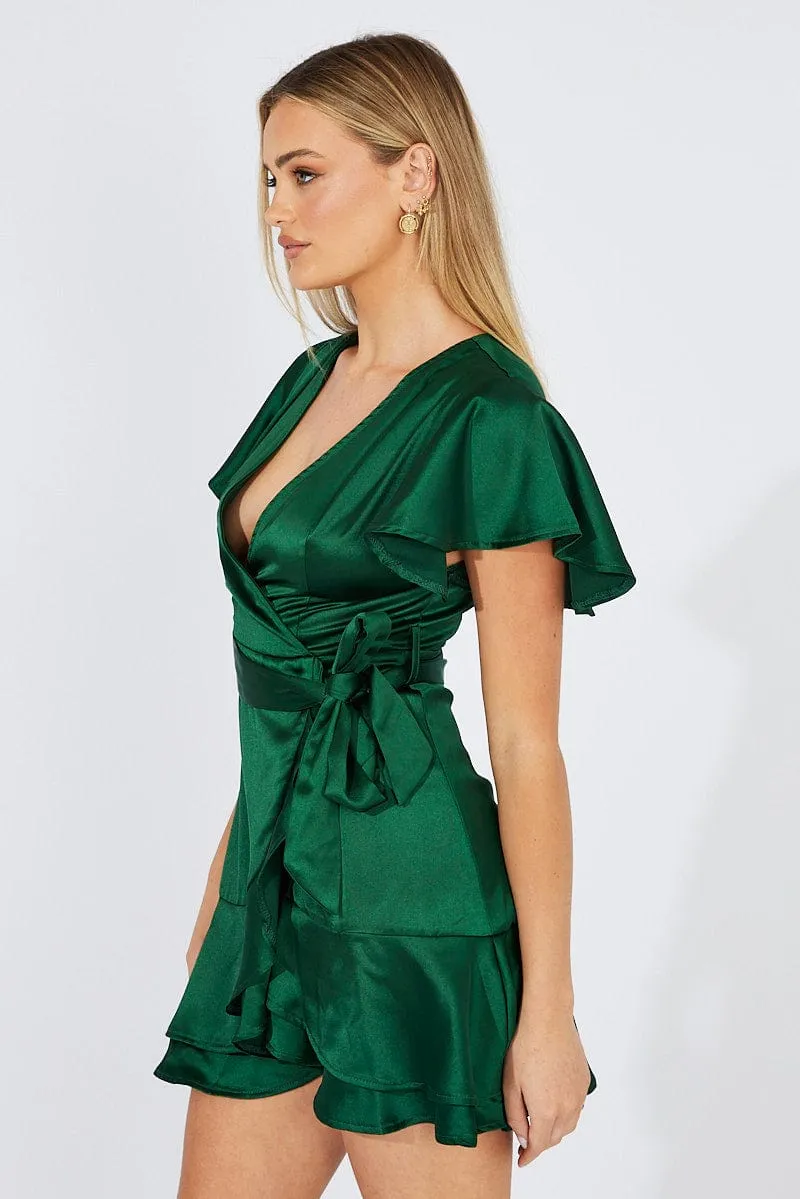 Thermal Insulation Layer Sassy Look Green Mini Dress Ruffled Hem Satin