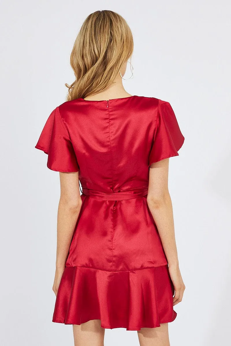 Red Mini Dress Ruffled Hem Satin Vibrant Colors