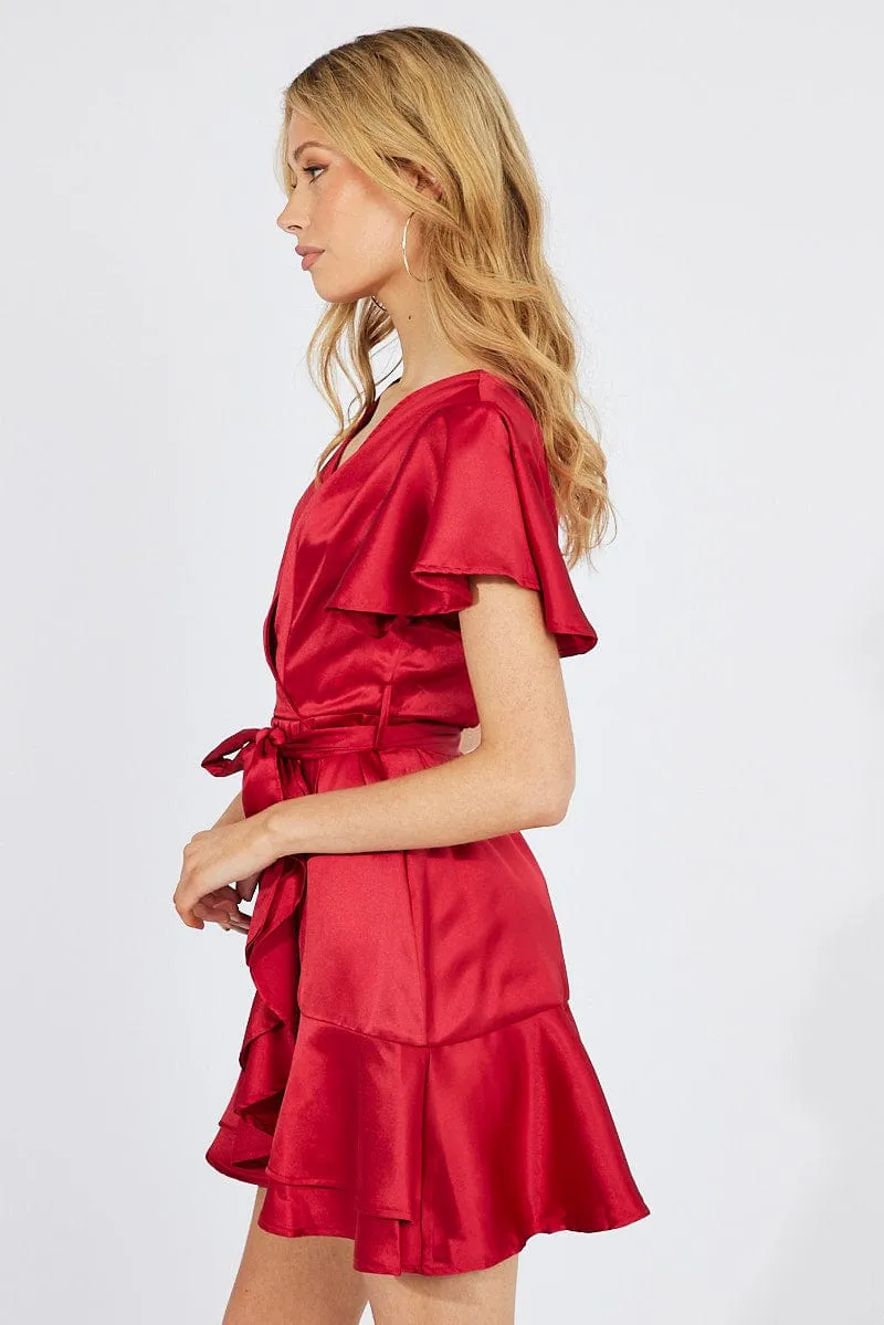 Lightweight Red Mini Dress Ruffled Hem Satin