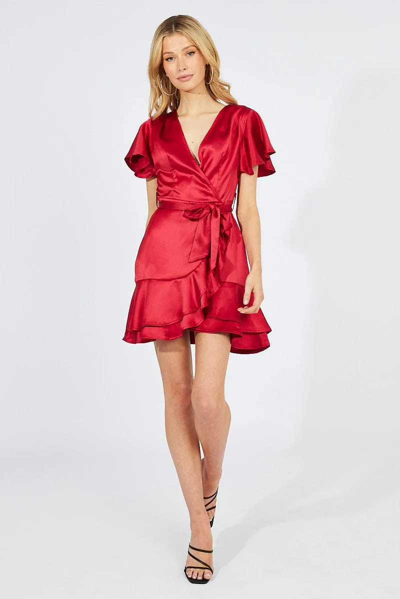 Look Loud Red Mini Dress Ruffled Hem Satin