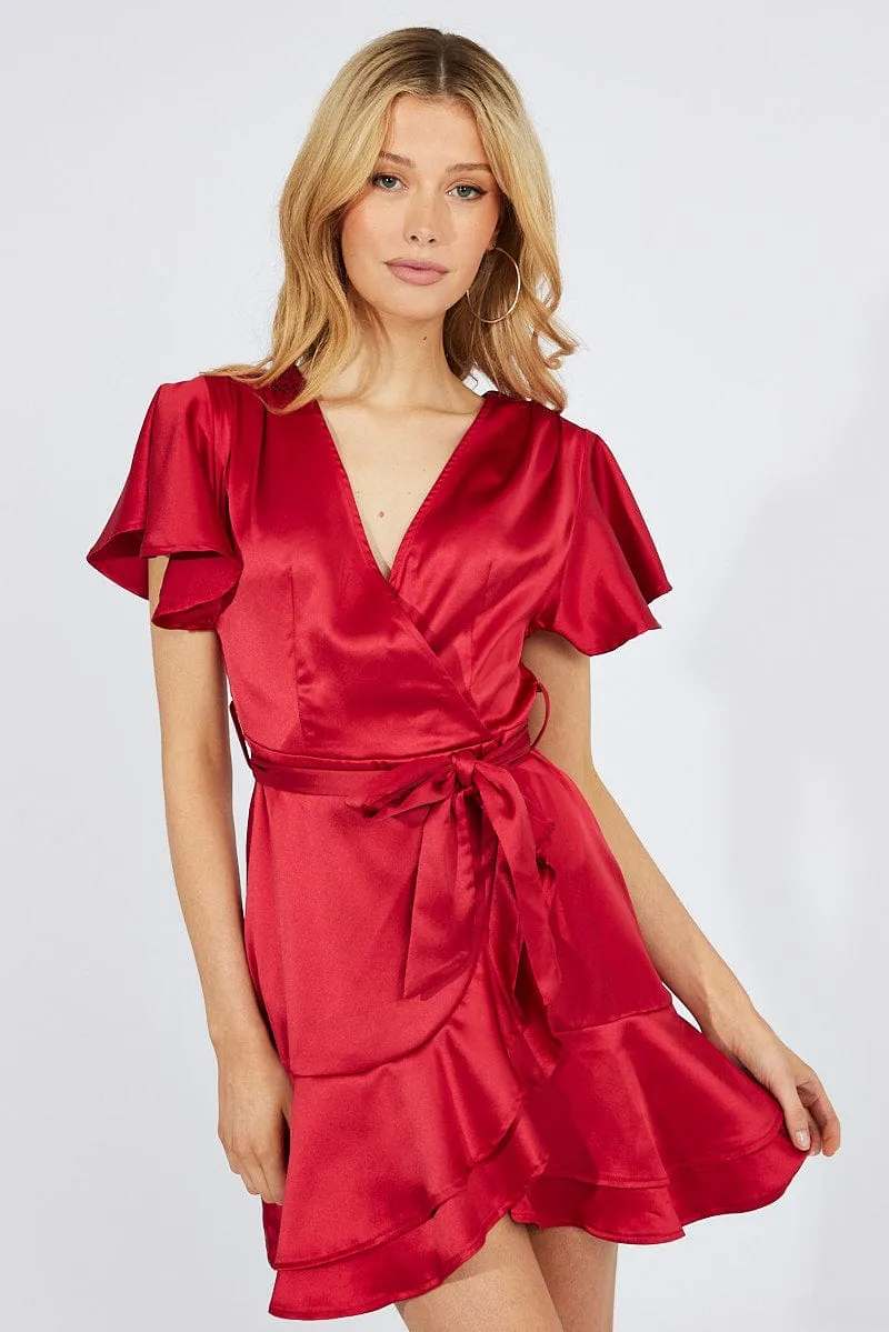 Urban Star Red Mini Dress Ruffled Hem Satin