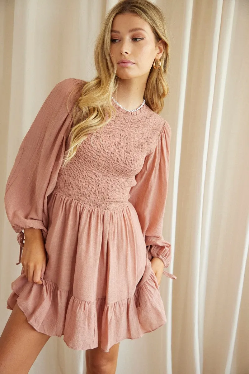 HighDensity Weave Pink Shirred Dress Short Sleeve Mini