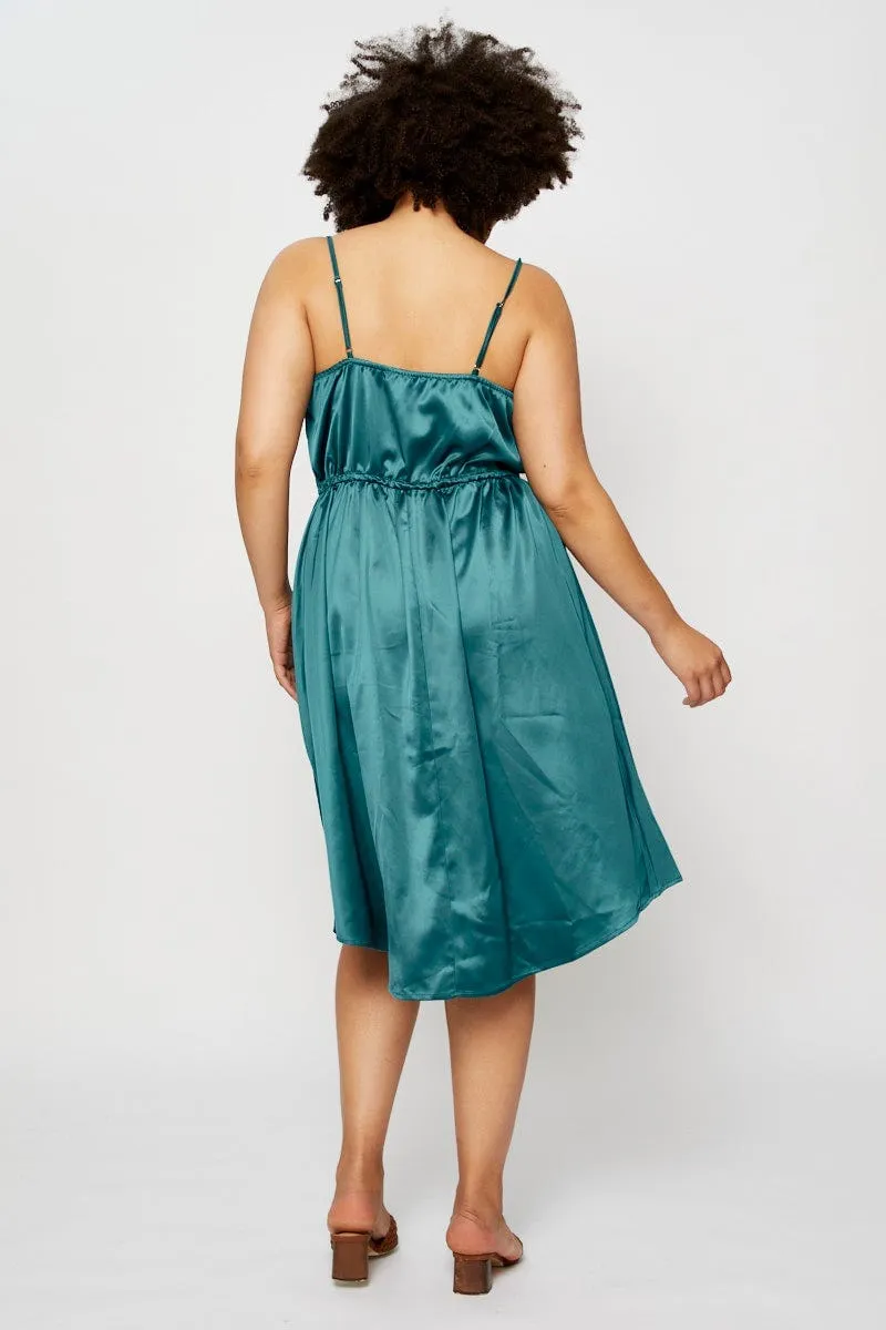 Comfortable casual midi Blue Midi Satin Dress Cowl Neck Sleeveless