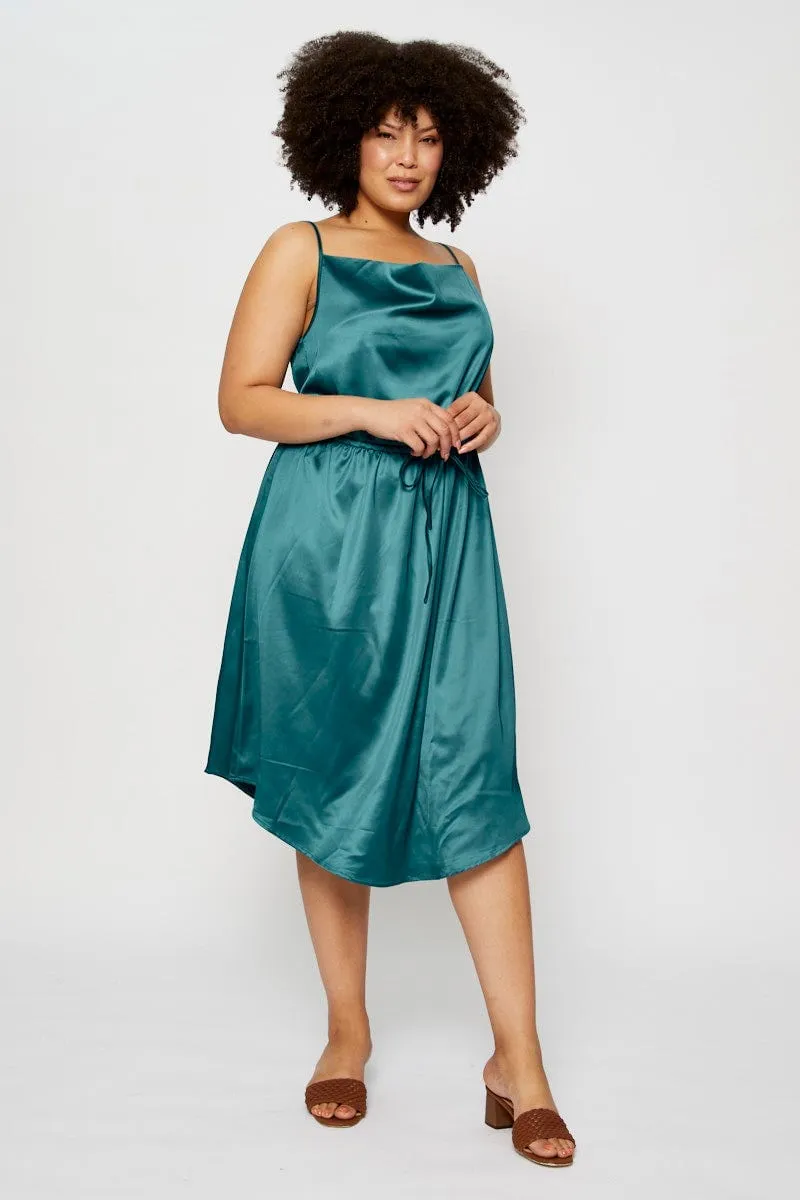 Blue Midi Satin Dress Cowl Neck Sleeveless Lounge Mood Dew Drop