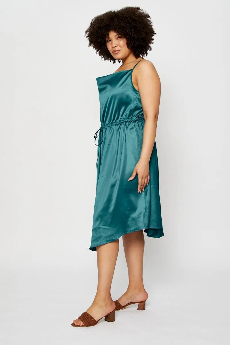 Vibrant color midi Smart Outfit Blue Midi Satin Dress Cowl Neck Sleeveless