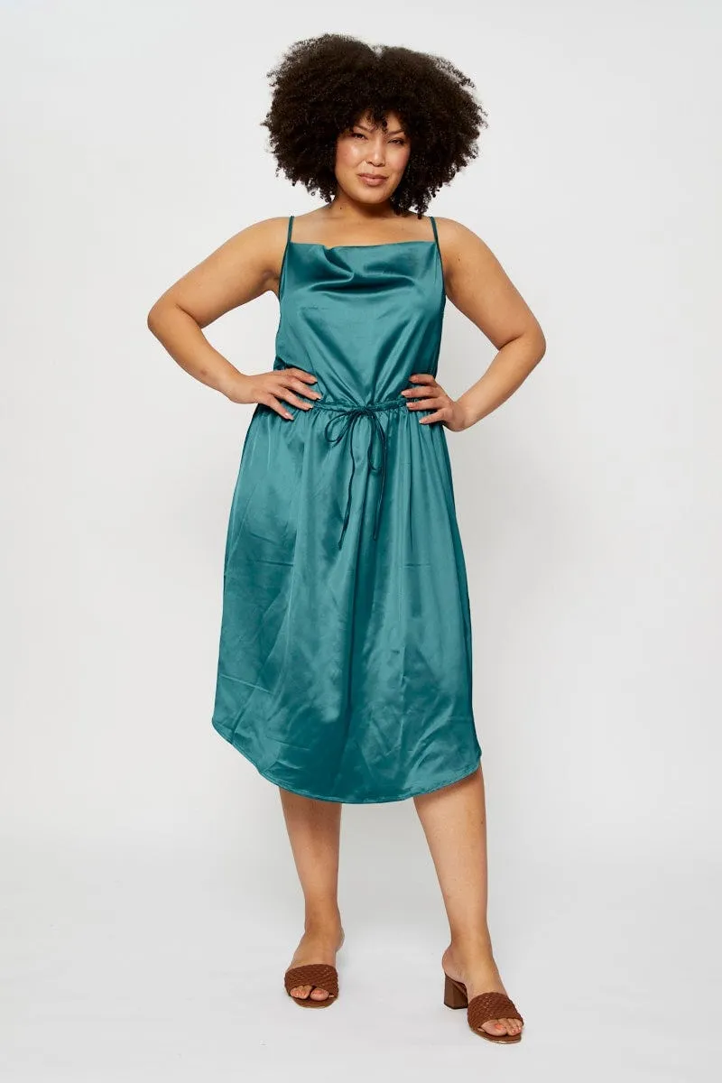 Blue Midi Satin Dress Cowl Neck Sleeveless Air Float Timeless Look