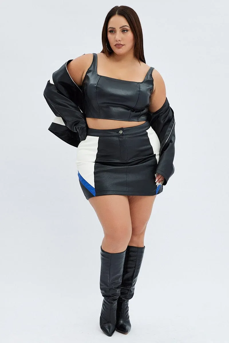 Black Mini Skirt Faux Leather Biker Easy Movement Tiered Design