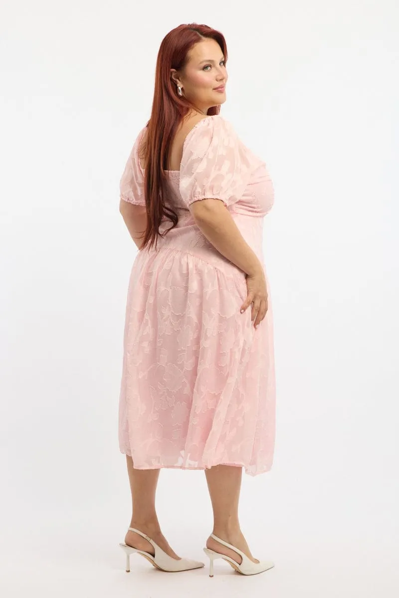 Pink Midi Dress Short Sleeve Jacquard Casual Elegance