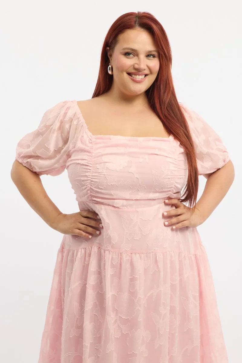 Pink Midi Dress Short Sleeve Jacquard Relaxed Style Casual weekend midi