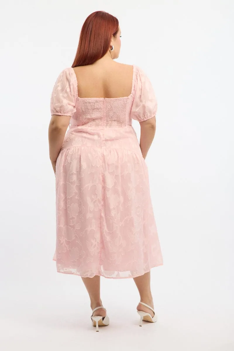 Pink Midi Dress Short Sleeve Jacquard Coral Glow