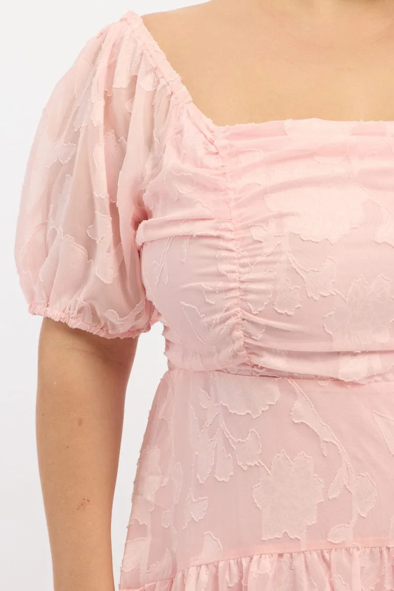Pink Midi Dress Short Sleeve Jacquard Self Love