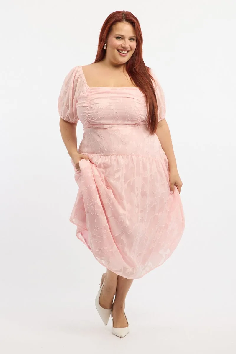 Pink Midi Dress Short Sleeve Jacquard Timeless silhouette for all occasions