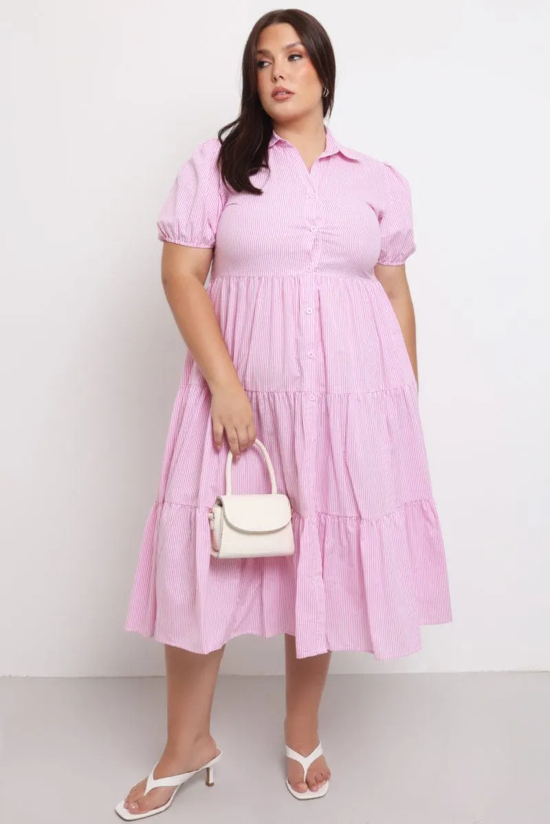Pink Stripe Shirt Dress Short Sleeve Tiered Vibrant summer dress Emerald Glow