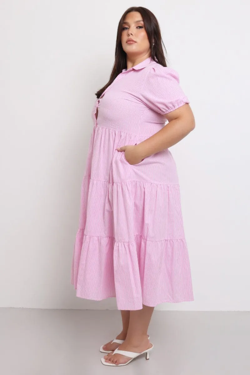 Pink Stripe Shirt Dress Short Sleeve Tiered Brunch Ready