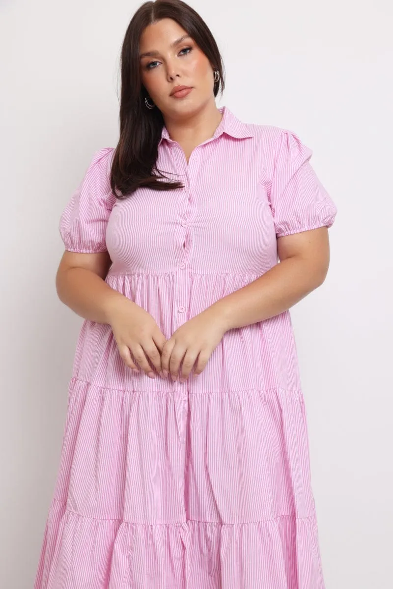 Pink Stripe Shirt Dress Short Sleeve Tiered Stone Path