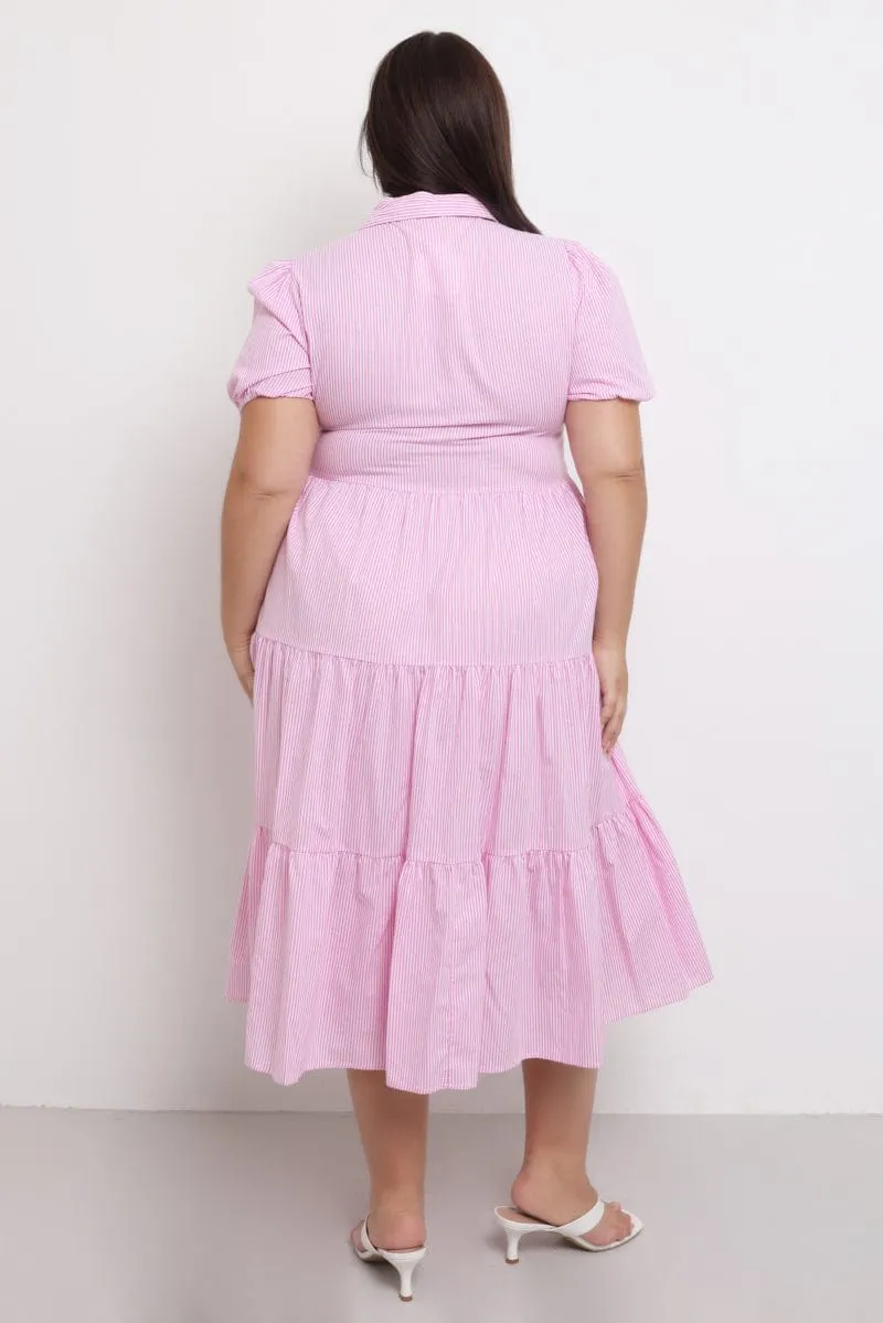 Pink Stripe Shirt Dress Short Sleeve Tiered Charming Design Sea View