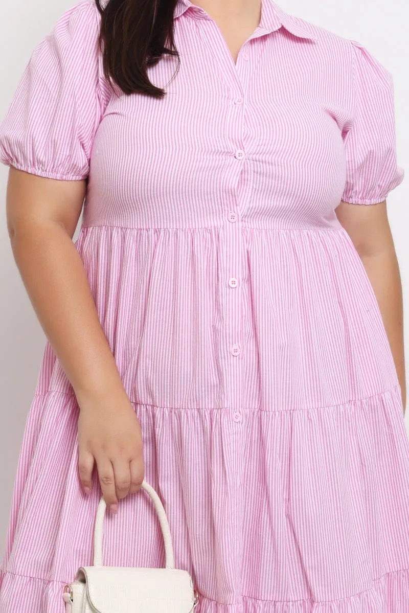 Pink Stripe Shirt Dress Short Sleeve Tiered Poetic Mood Trendy and Timeless