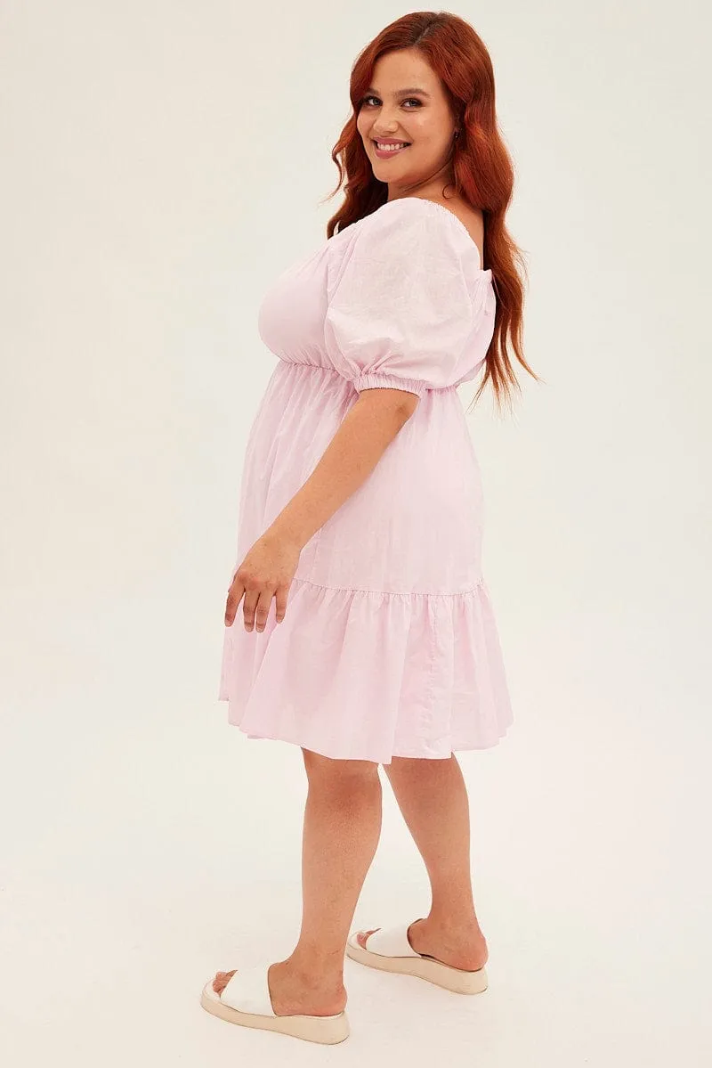 Pink Mini Dress Off Shoulder Cotton Textured Light Warm Fun floral mini