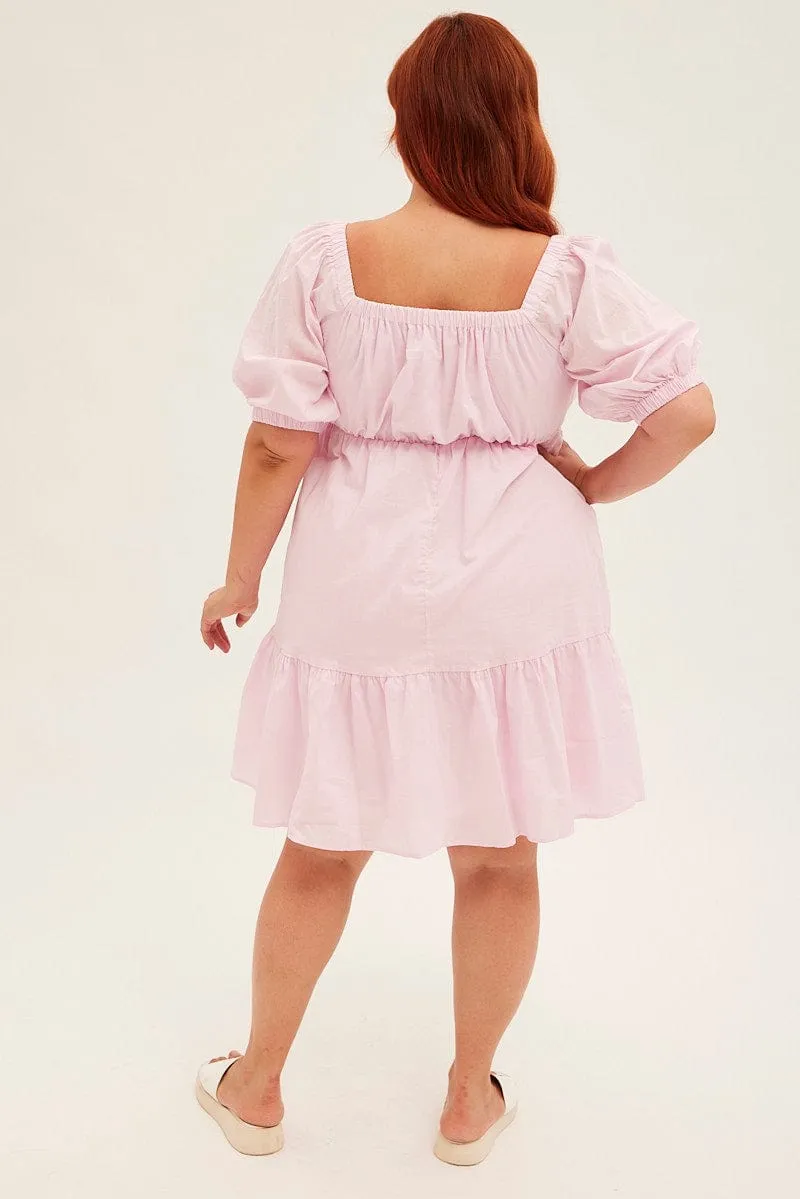 Pink Mini Dress Off Shoulder Cotton Textured Scene Pop Easy Care