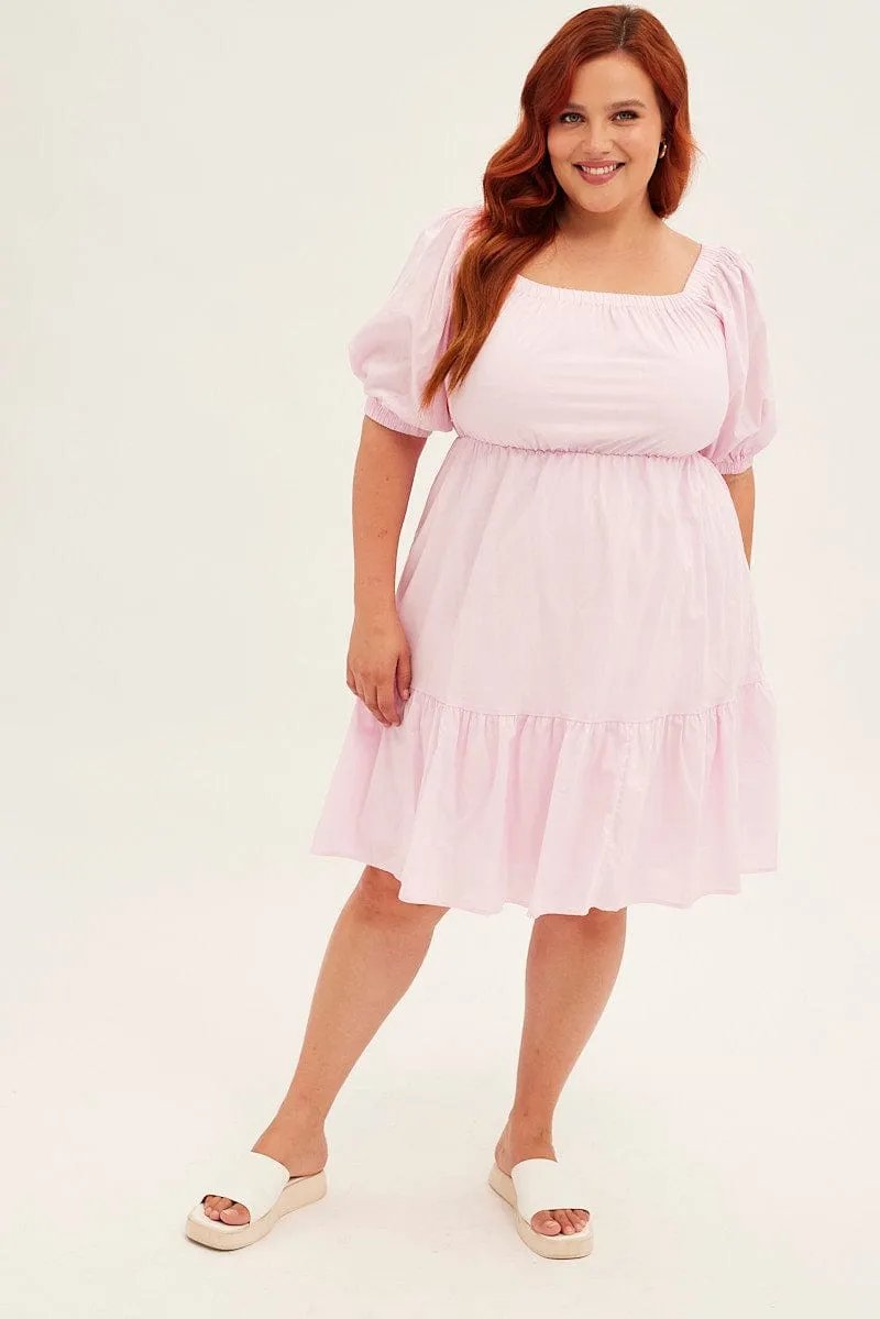 Floral Fit Pink Mini Dress Off Shoulder Cotton Textured