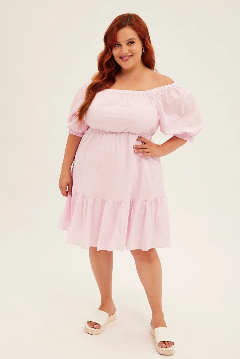 Light Edge Pink Mini Dress Off Shoulder Cotton Textured