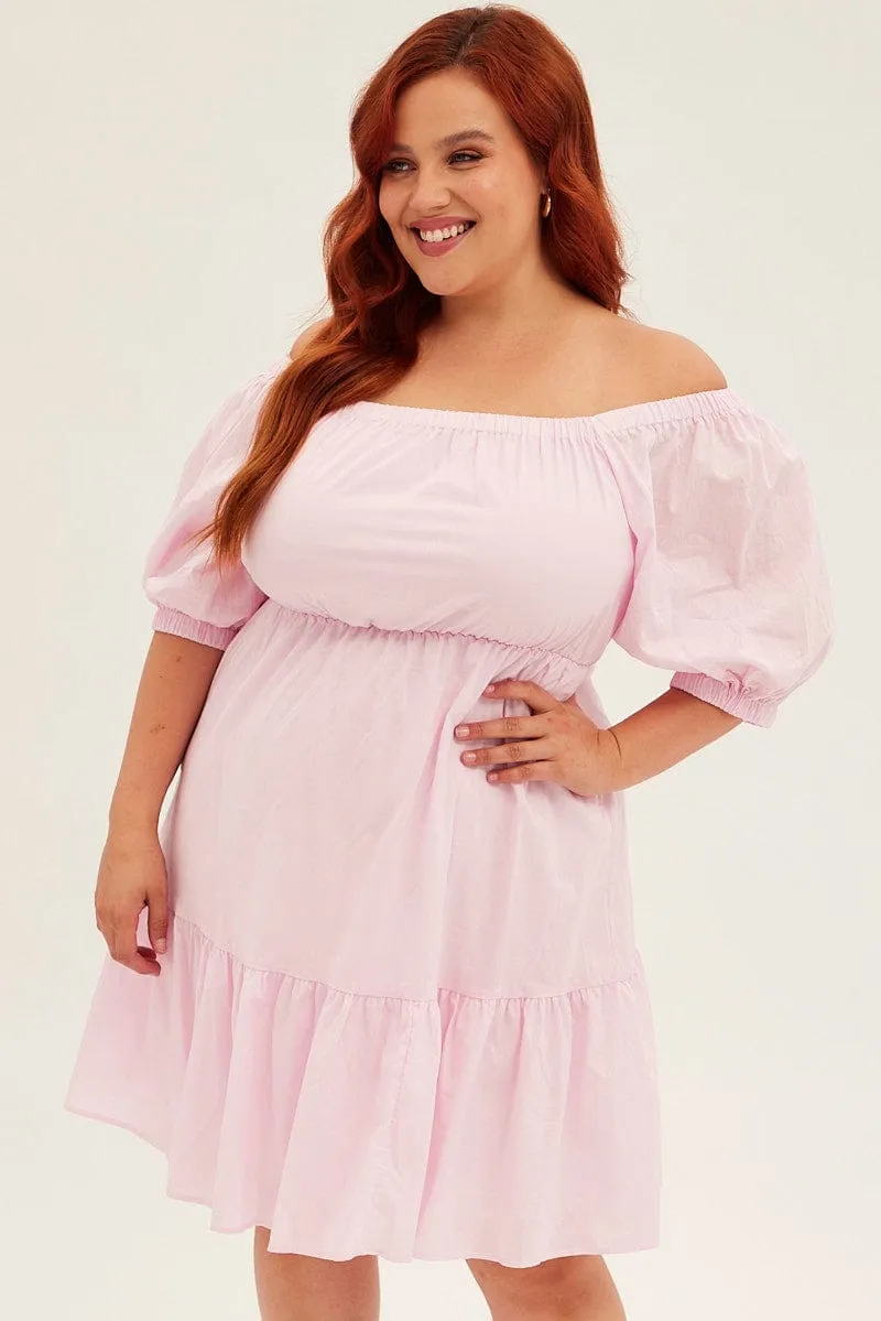 Pink Mini Dress Off Shoulder Cotton Textured Flair Mode
