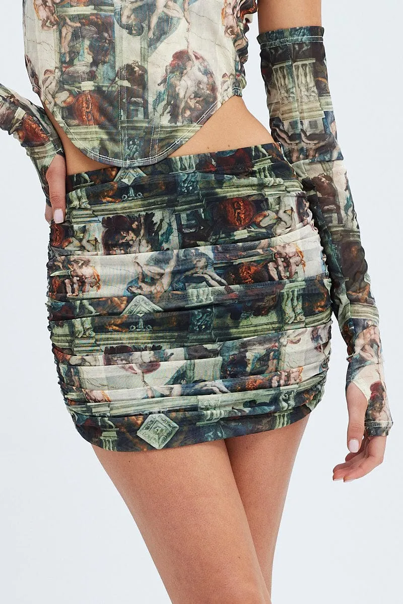 Satin feel Green Abstract Mini Skirt Side Ruched Mid Rise Mesh