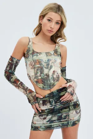 Soft Vibe Green Abstract Mini Skirt Side Ruched Mid Rise Mesh
