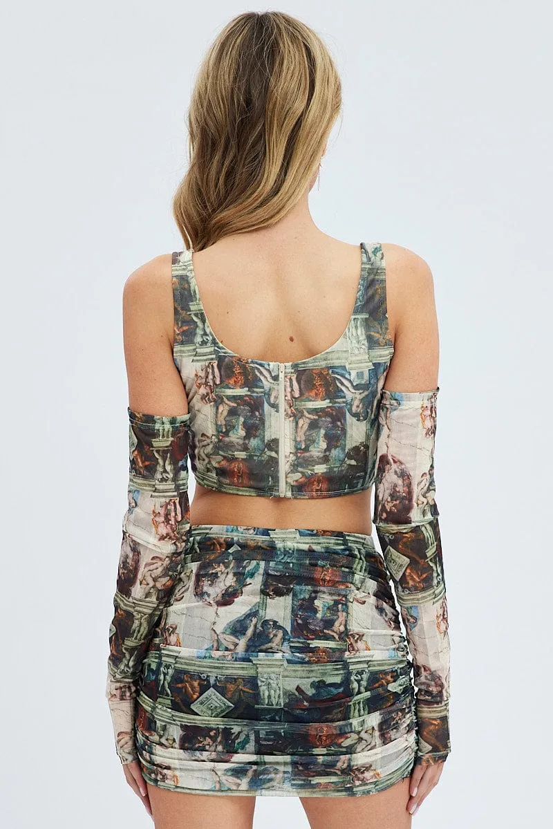 Bold Cut Green Abstract Mini Skirt Side Ruched Mid Rise Mesh