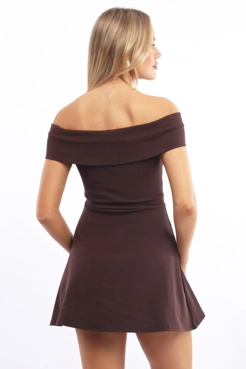 Glow Beat Flirty casual wear Brown Off Shoulder Mini Dress