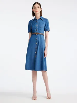 Tencel Denim Shirt Midi Collared Dress With Belt music concert
