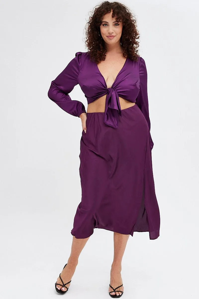 Purple Midi Skirt Elastic Waist Split Satin Minimalist Chic Cozy Outfit