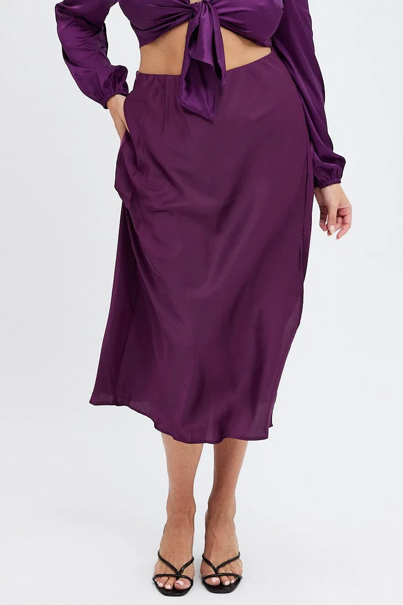 Rolled Hem Purple Midi Skirt Elastic Waist Split Satin