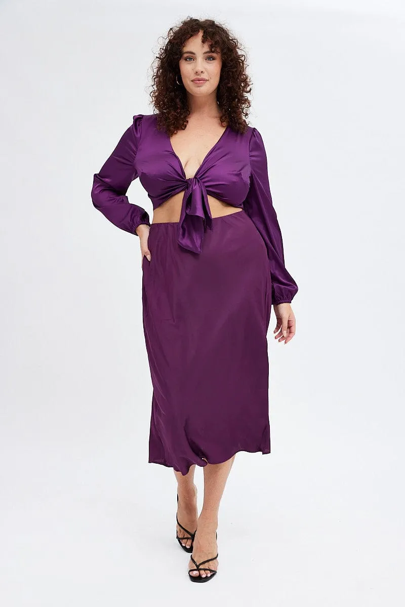 Purple Midi Skirt Elastic Waist Split Satin Friction Free