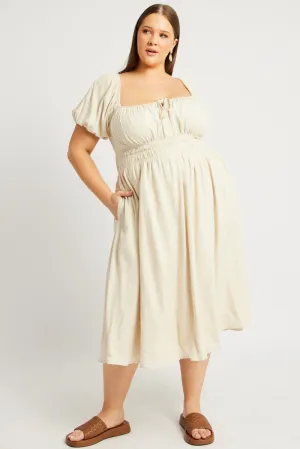 Young Professional Beige Midi Dress Short Sleeve Ruched
