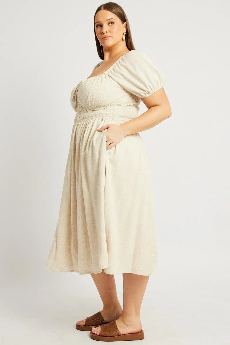 Light and breathable daywear Stylish Casual Beige Midi Dress Short Sleeve Ruched