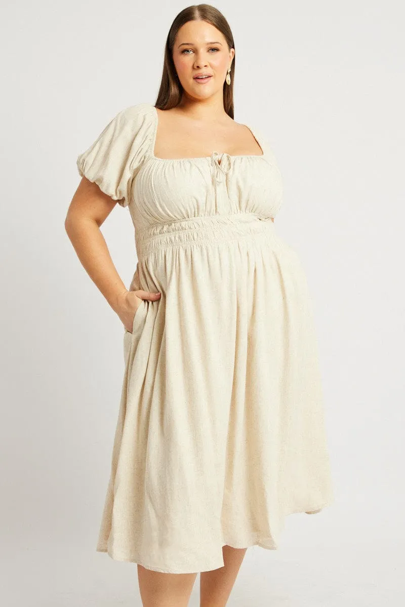 Beige Midi Dress Short Sleeve Ruched Candle Glow High impact