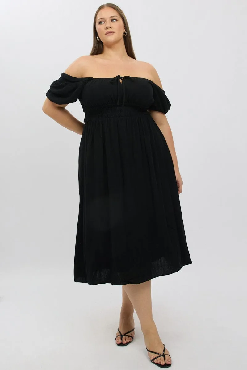 Black Midi Dress Short Sleeve Ruched Bust Linen Blend Pack Friendly