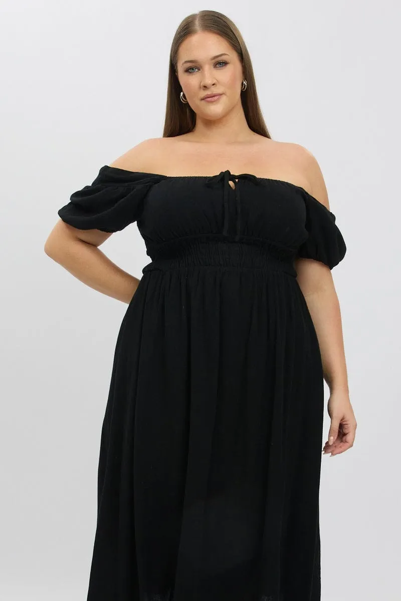 Lightweight and breezy gown Black Midi Dress Short Sleeve Ruched Bust Linen Blend