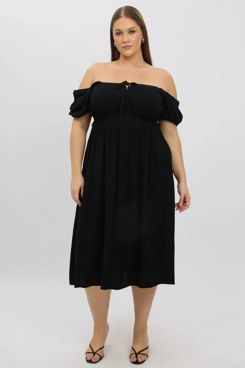 Free Movement Brass Light Black Midi Dress Short Sleeve Ruched Bust Linen Blend
